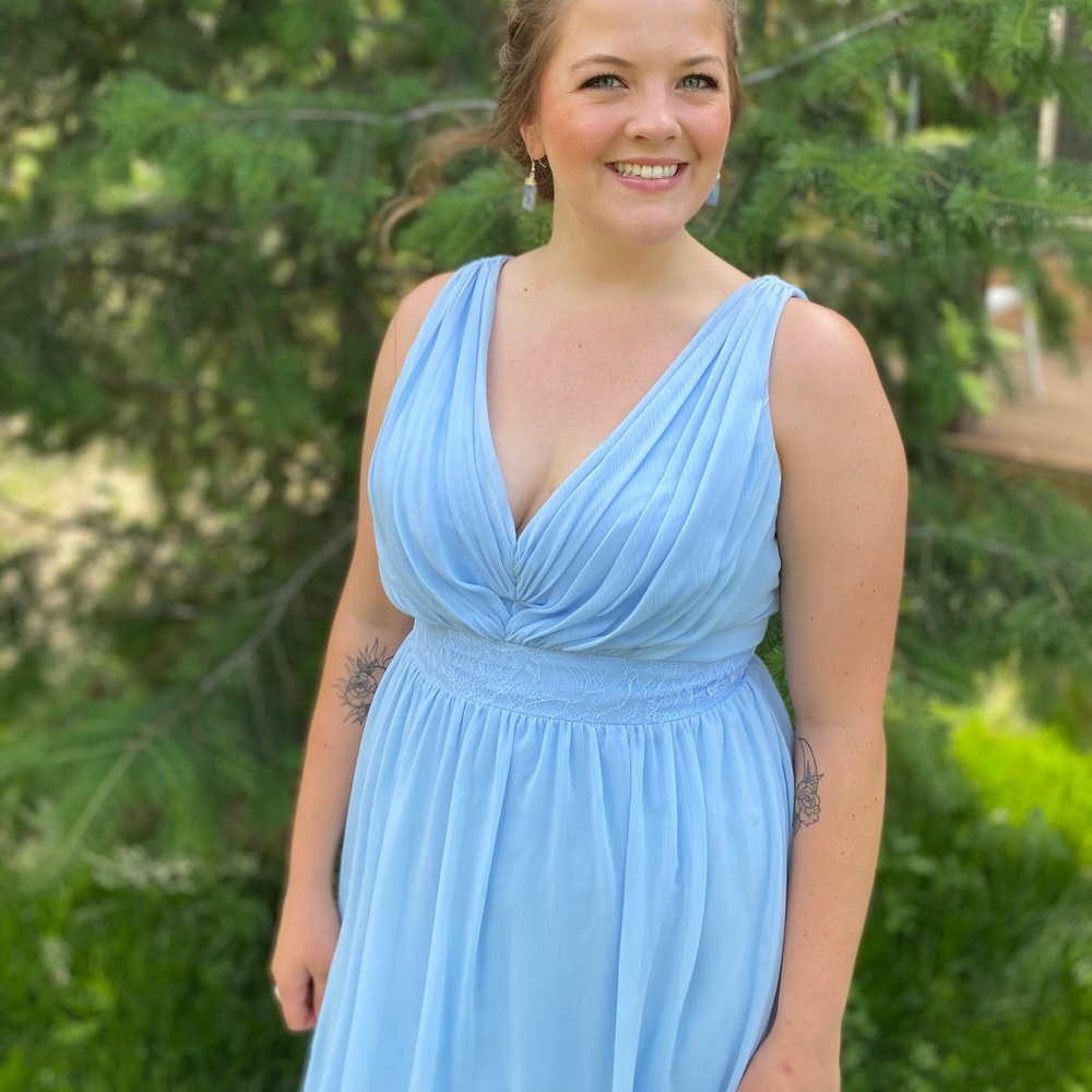 Light blue David’s Bridal floor-length dress